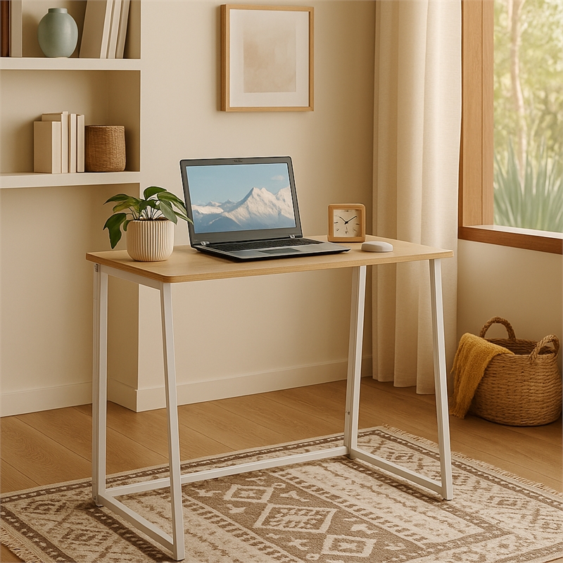 Homycasa Foldable Oak Home Office Desk with MDF Top
