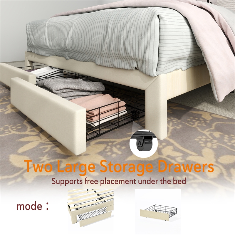 Homycasa Queen Size Bed Frame with Storage Drawers in Beige