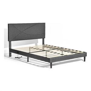 Homycasa Queen Upholstered Bed Frame with LED Headboard & USB Ports Gray