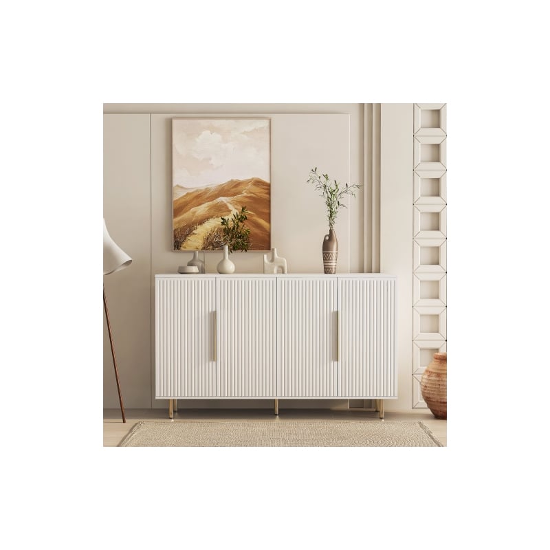 Homycasa White Sideboard Ribbed Design Gold Handles 4 Doors and Storage