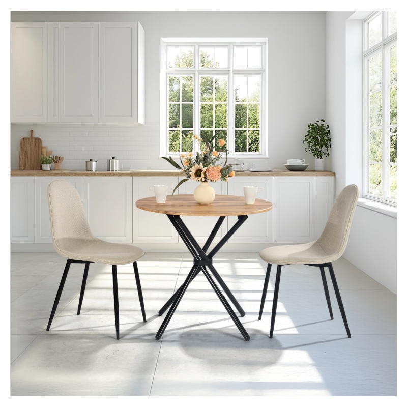 Homycasa Modern Round Dining Table with Cross Black Base Light Wood