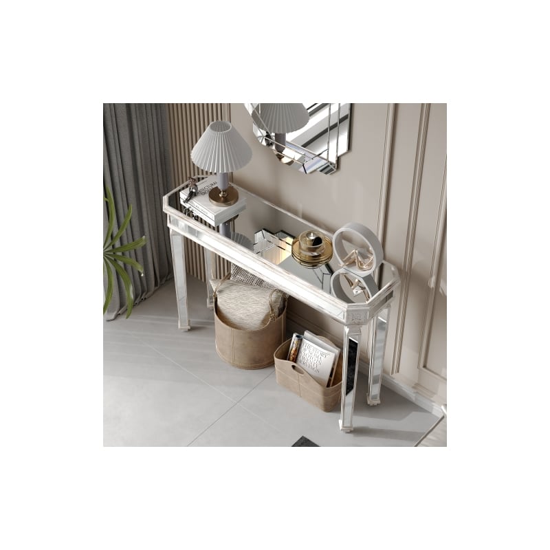Homycasa Mirrored Console Table with Sleek Glass Top Reflective Silver Legs
