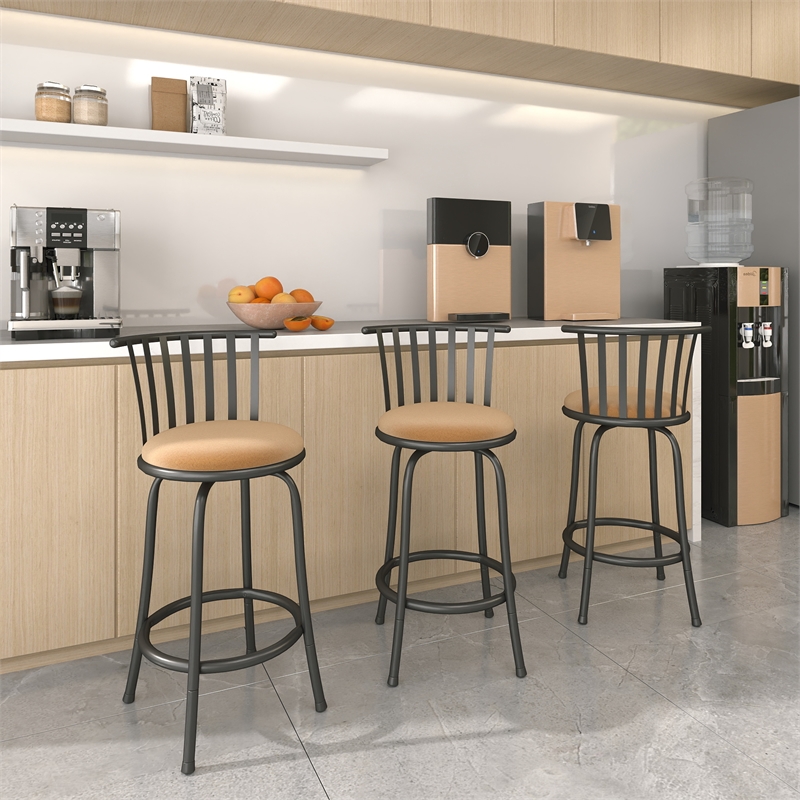 Homy Casa 3-Piece Bar Stool Set with Curved Metal Backrest in Brown for Home Bar