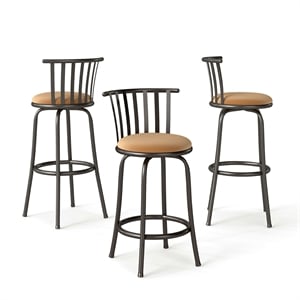 Homy Casa 3-Piece Bar Stool Set with Curved Metal Backrest in Brown