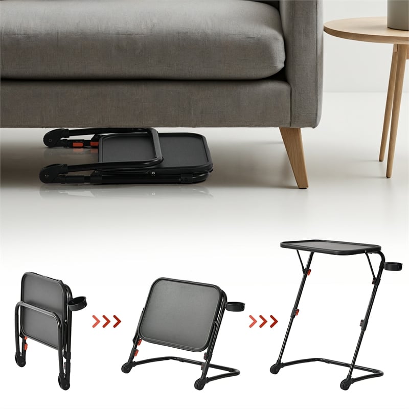 Homy Casa Black Steel Adjustable Folding Over-Bed Desk Table with Cup Holder
