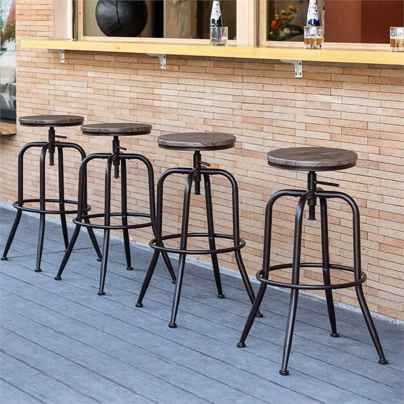 Homy Casa Set of 2 Walnut MDF Seat and Black Metal Outdoor Bar Stools