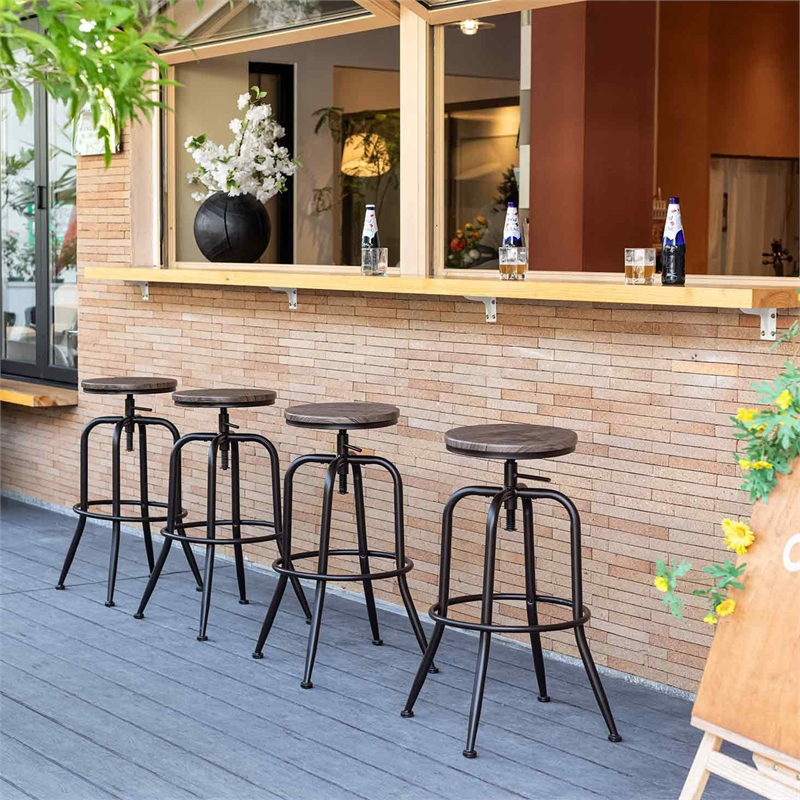 Homy Casa Set of 2 Walnut MDF Seat and Black Metal Outdoor Bar Stools