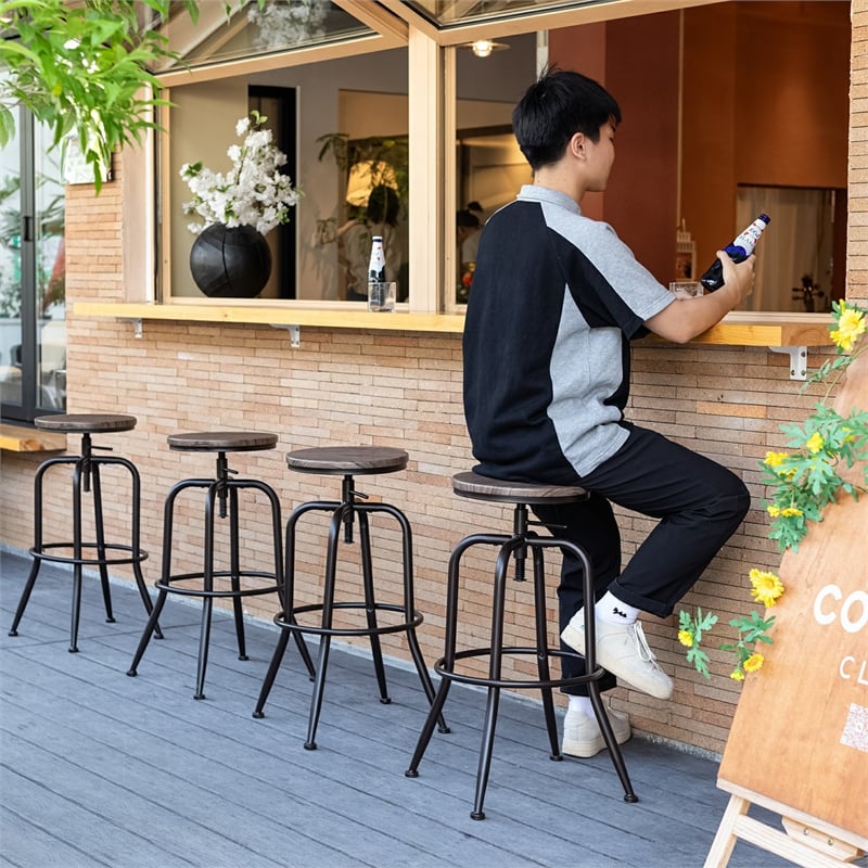 Homy Casa Set of 2 Walnut MDF Seat and Black Metal Outdoor Bar Stools
