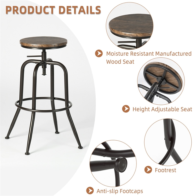 Homy Casa Set of 2 Walnut MDF Seat and Black Metal Outdoor Bar Stools
