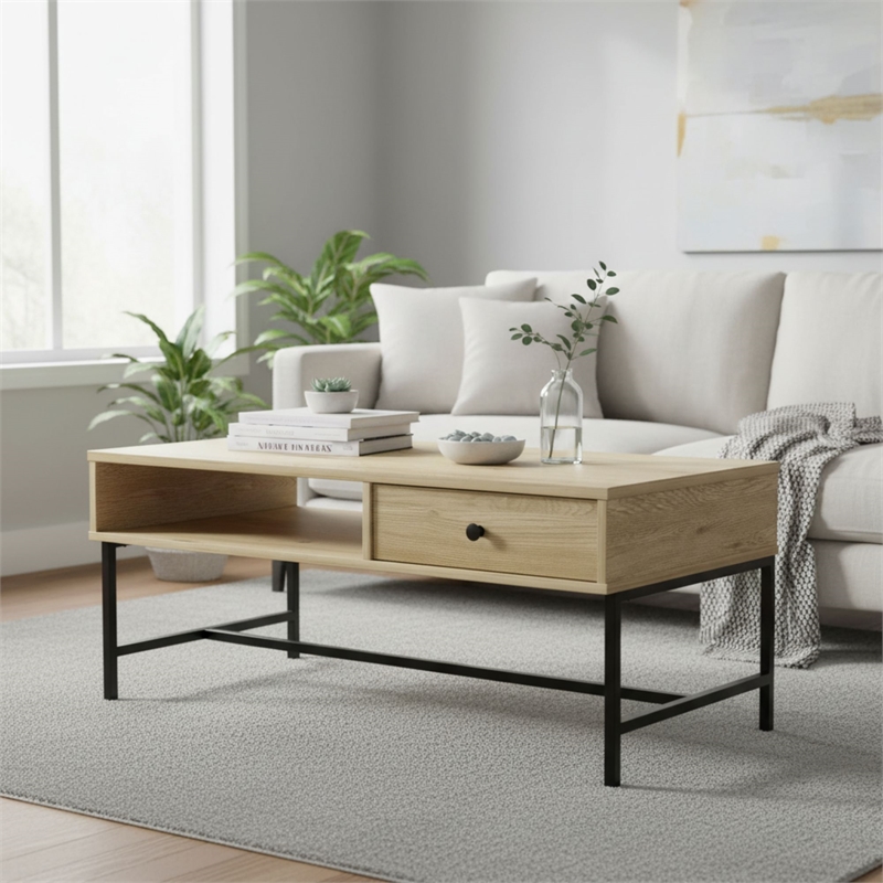 Homy Casa Natural Engineered Wood and Metal Coffee Table for Living Room