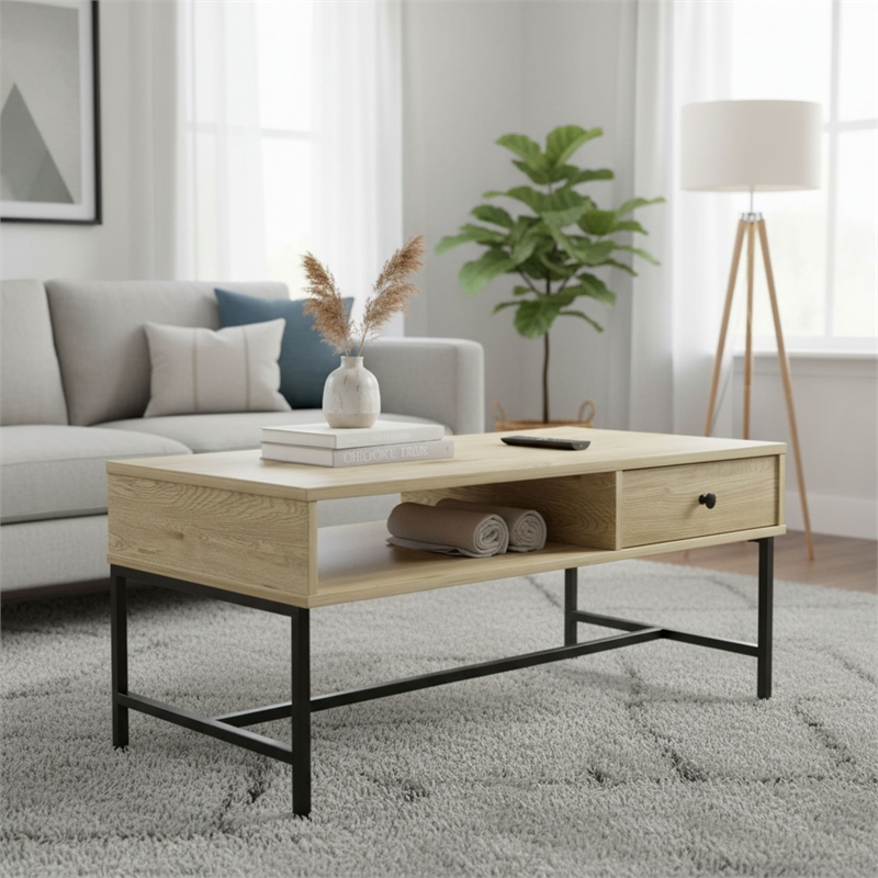 Homy Casa Natural Engineered Wood and Metal Coffee Table for Living Room