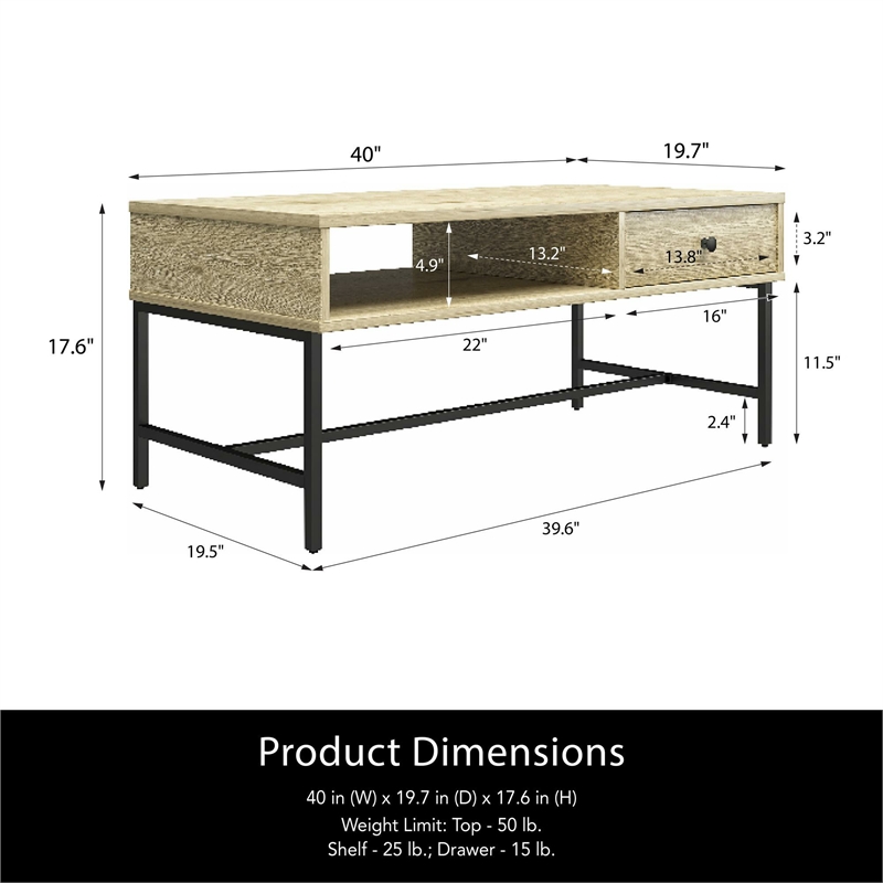Homy Casa Natural Engineered Wood and Metal Coffee Table for Living Room