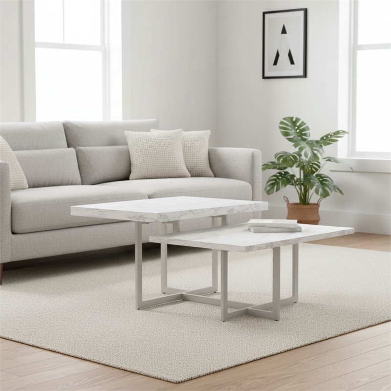 Homy Casa White Marble MDF and Steel Coffee Table