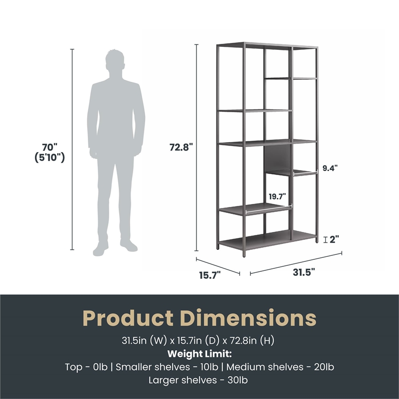 Homy Casa Gray Metal Bookcase Open Back Room Divider with 6 Shelves
