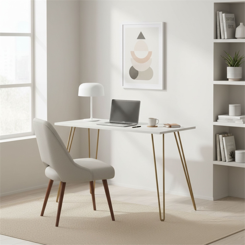 Homy Casa White and Gold Metal and Wood Writing Desk with Hairpin Legs