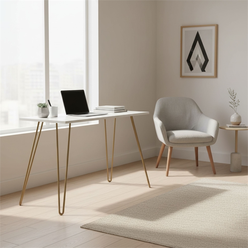 Homy Casa White and Gold Metal and Wood Writing Desk with Hairpin Legs