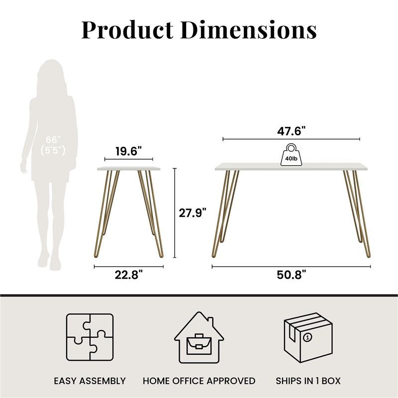 Homy Casa White and Gold Metal and Wood Writing Desk with Hairpin Legs