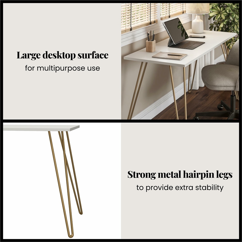 Homy Casa White and Gold Metal and Wood Writing Desk with Hairpin Legs