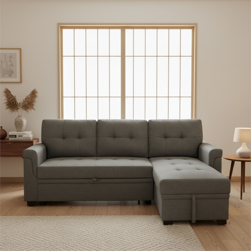 Homy Casa Gray Polyester Upholstered Pull-Out Sectional Sofa Bed