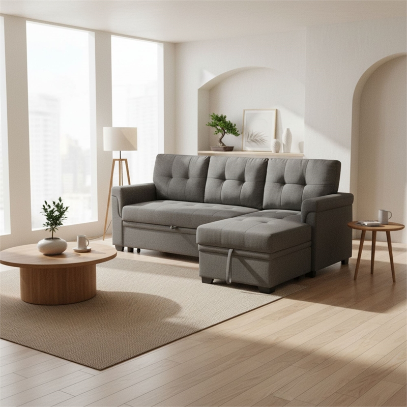 Homy Casa Gray Polyester Upholstered Pull-Out Sectional Sofa Bed