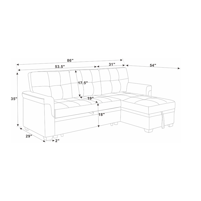Homy Casa Gray Polyester Upholstered Pull-Out Sectional Sofa Bed