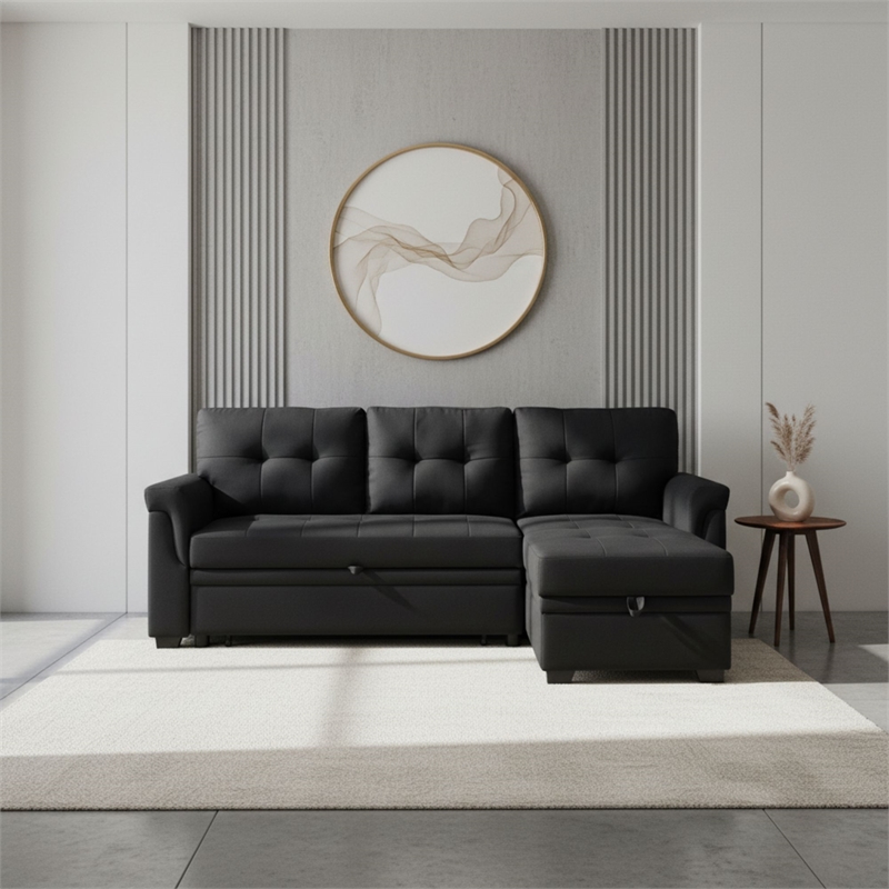 Homy Casa Black Polyester Upholstered Pull-Out Sectional Sofa Bed