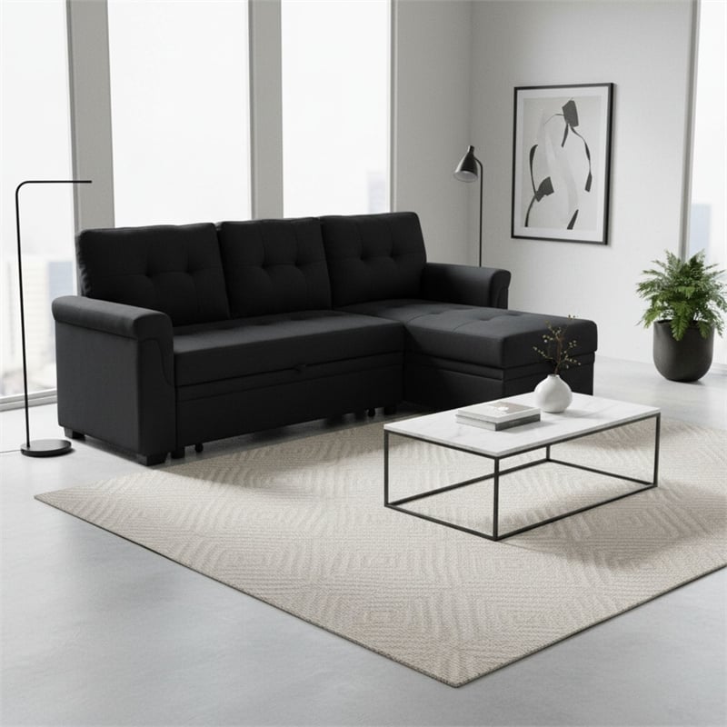 Homy Casa Black Polyester Upholstered Pull-Out Sectional Sofa Bed