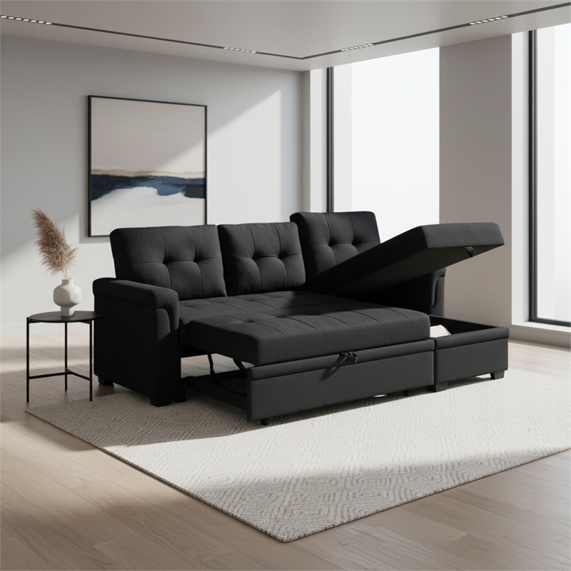 Homy Casa Black Polyester Upholstered Pull-Out Sectional Sofa Bed