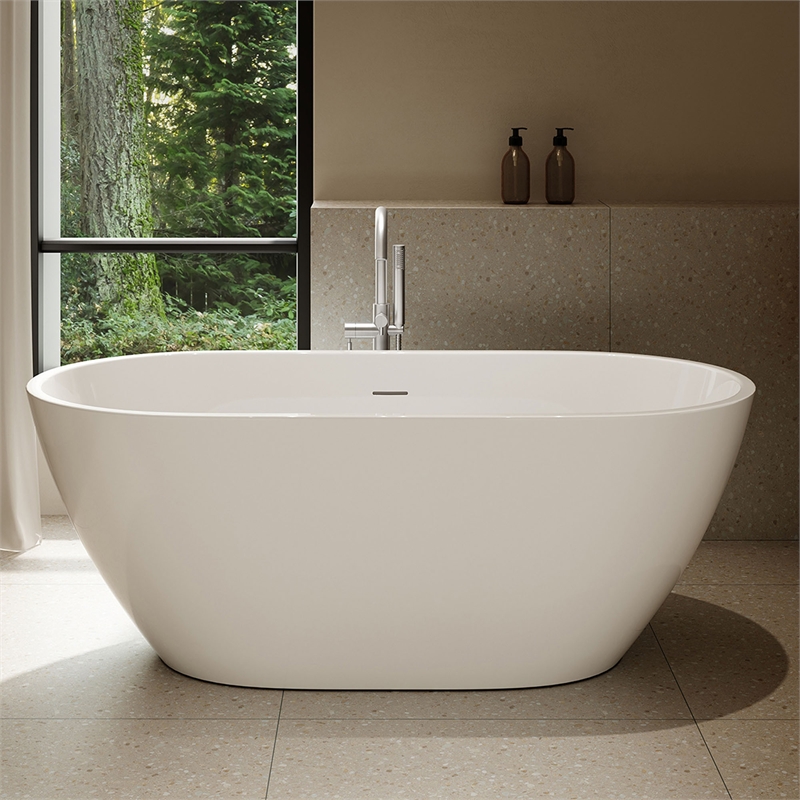 OVE Ayago 59 in. Freestanding White Bathtub Kit Satin Nickel Hardware