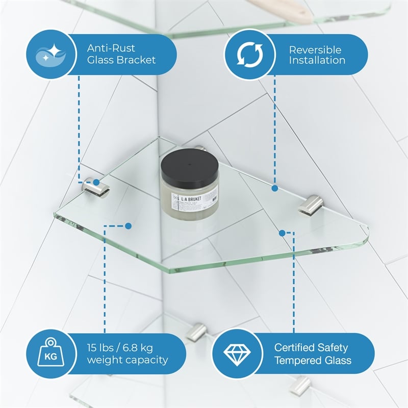 Bella Tempered Glass Corner Shower Shelves 3-Pack in Satin Nickel Finish