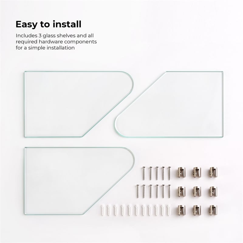 Bella Tempered Glass Corner Shower Shelves 3-Pack in Satin Nickel Finish
