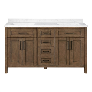Tahoe 60&quot Double Vanity in Almond Latte with White Countertop and Power Bar