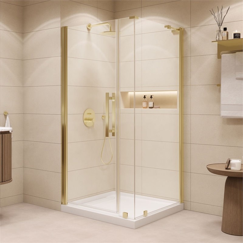 Pasadena 36 x 36 x 74-3/4 Corner Shower Kit with Base and Door in Brushed Gold