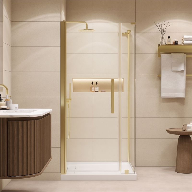 Pasadena 36 x 36 x 74-3/4 Corner Shower Kit with Base and Door in Brushed Gold
