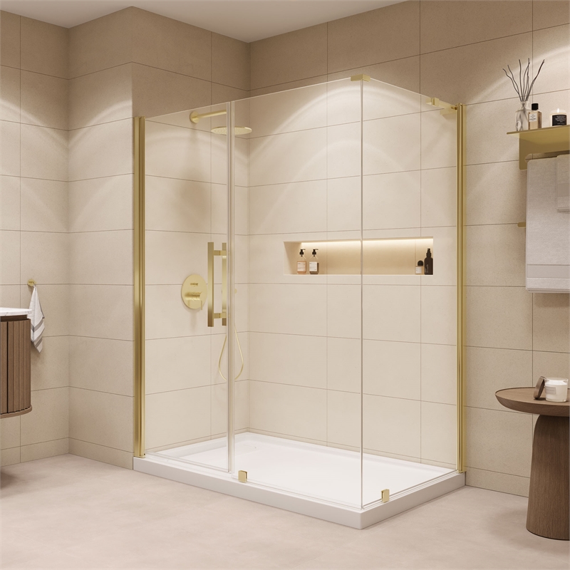 Pasadena 60 x 36 x 74-3/4 Corner Shower Kit with Base and Door in Brushed Gold