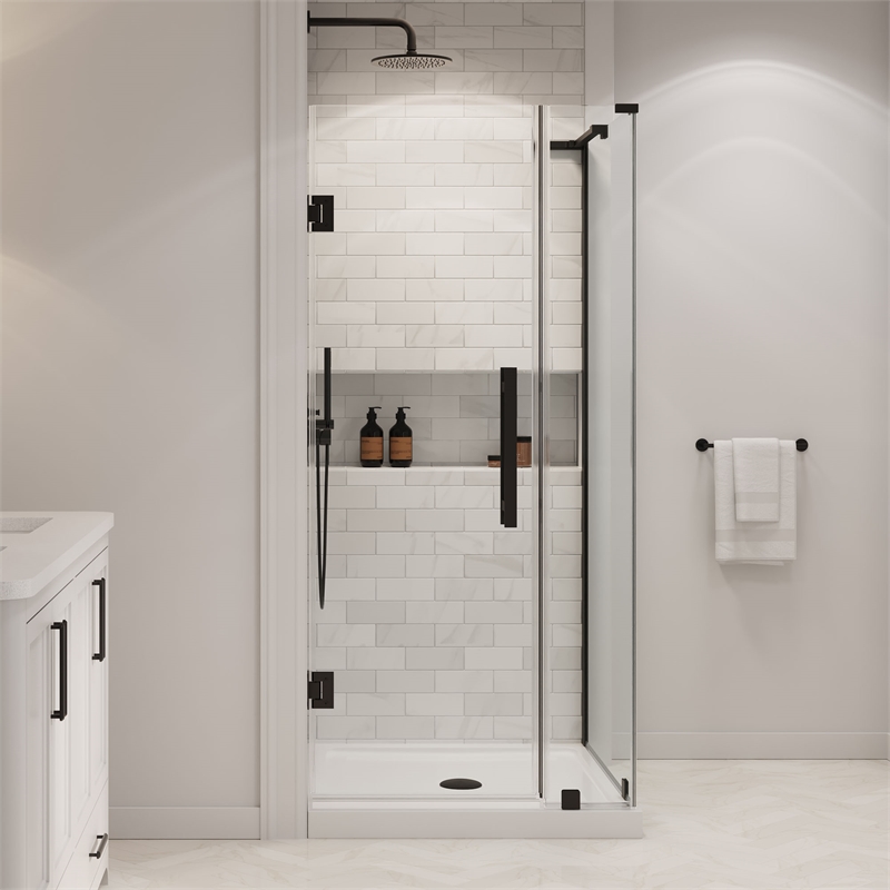 Panama 36 x 36 x 74-3/4 Corner Shower Kit with Base and Door in Black