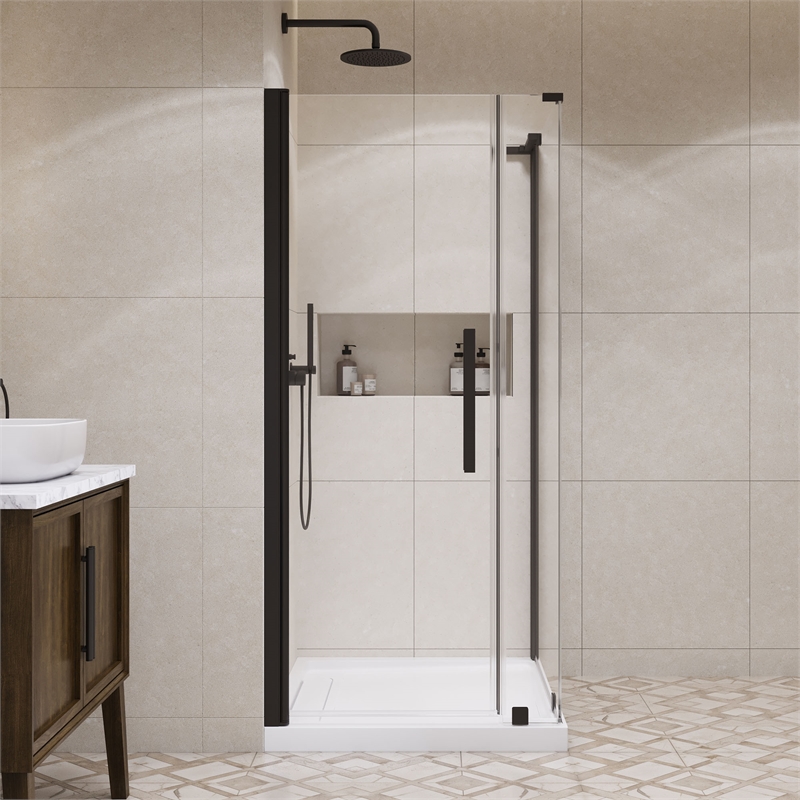 Pasadena 36 x 36 x 74-3/4 Corner Shower Kit with Base and Door in Black