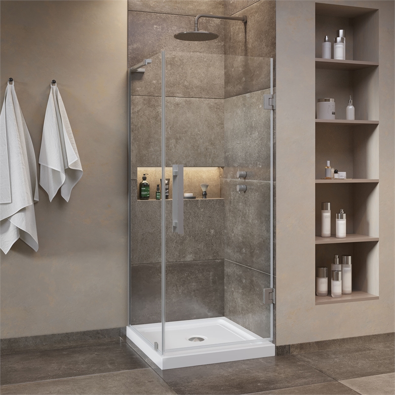 Panama 32 x 32 x 74-3/4 Corner Shower Kit with Base and Door in Satin Nickel