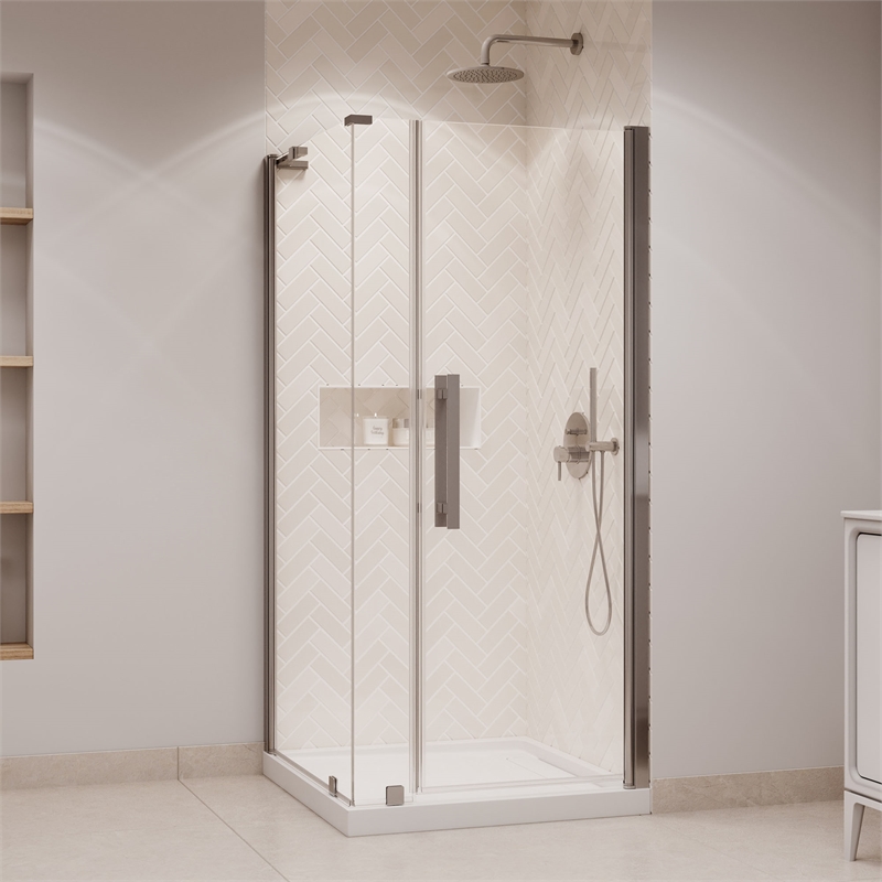 Pasadena 36 x 36 x 74-3/4 Corner Shower Kit with Base and Door in Satin Nickel