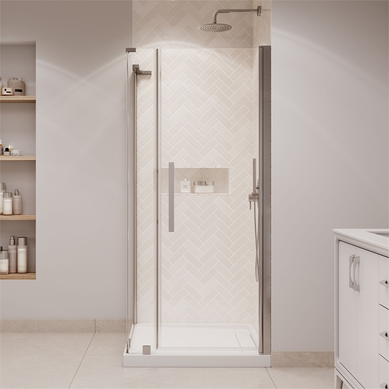 Pasadena 36 x 36 x 74-3/4 Corner Shower Kit with Base and Door in Satin Nickel