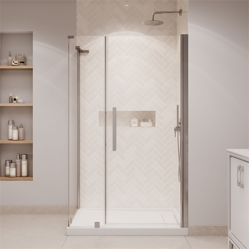 Pasadena 48 x 36 x 74-3/4 Corner Shower Kit with Base and Door in Satin Nickel
