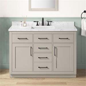 OVE Athea 48 in. Greige Bathroom Vanity with White Top Black Hardware