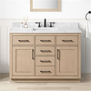OVE Athea 48 in. Sahara Birch Bathroom Vanity with White Top Black Hardware