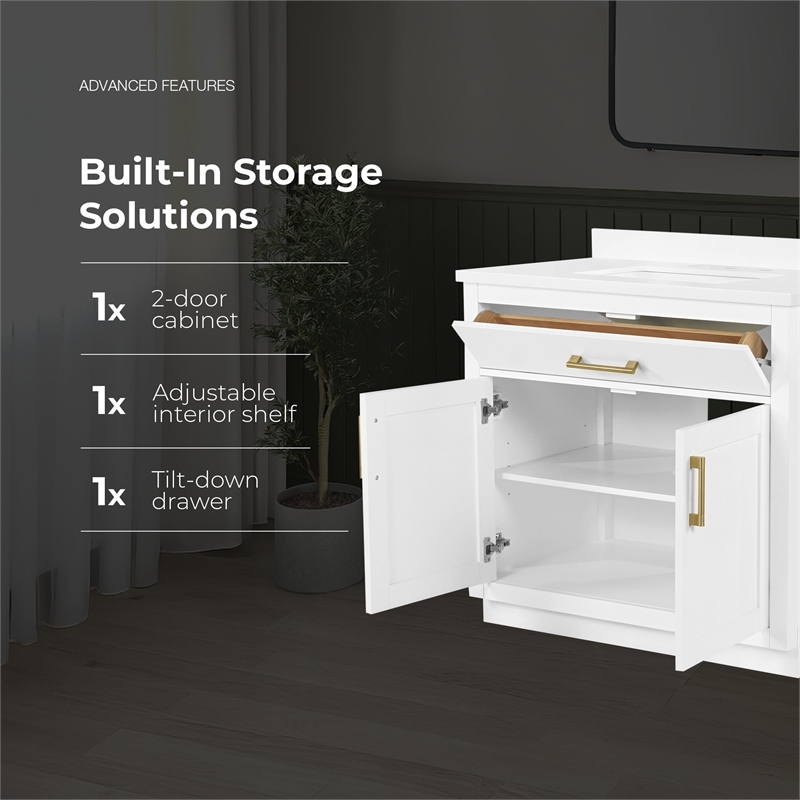 Bailey 36 in. White Vanity with White Top and Brushed Gold Hardware