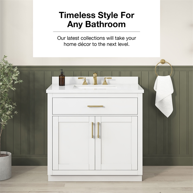 Bailey 36 in. White Vanity with White Top and Brushed Gold Hardware