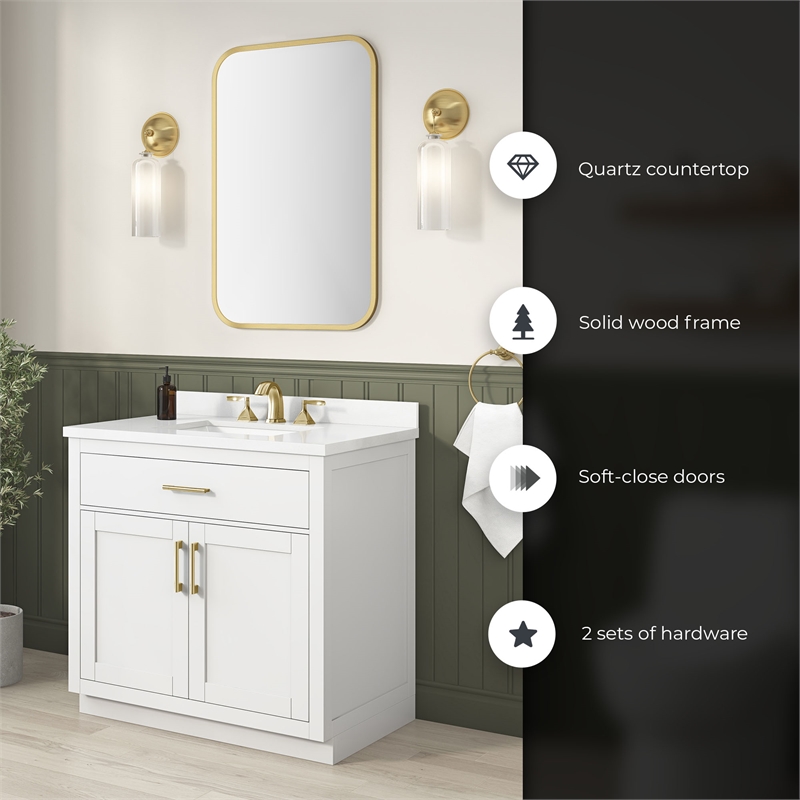 Bailey 36 in. White Vanity with White Top and Brushed Gold Hardware
