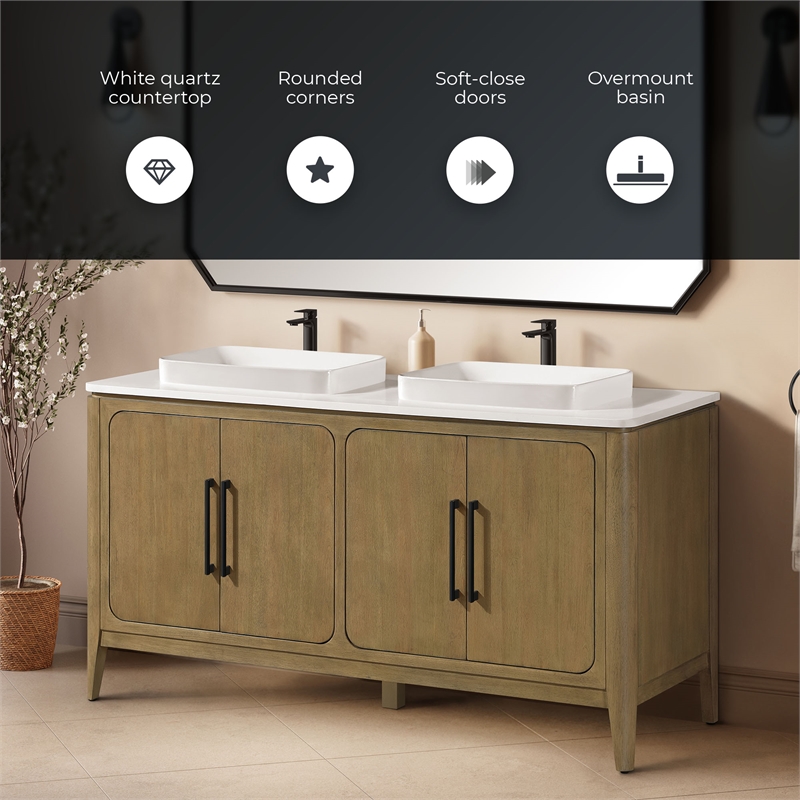 Heidi 60 in. Light Brown Oak Bathroom Vanity with White Countertop