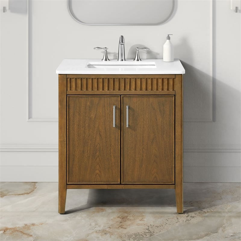 Juliette 30 in. Warm Walnut Bathroom Vanity with White Quartz Top