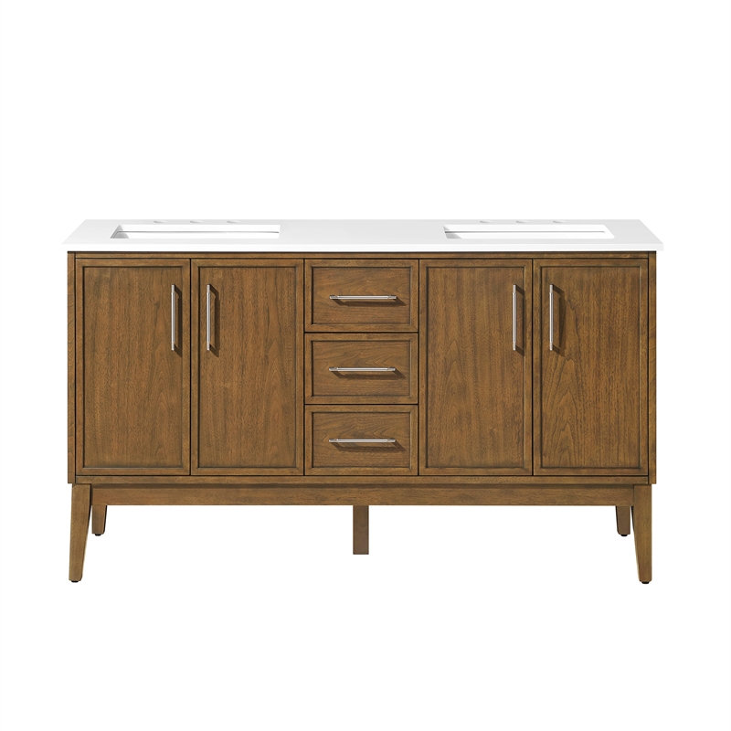 Kira 60 in. Warm Walnut Bathroom Vanity with White Engineered Stone Top