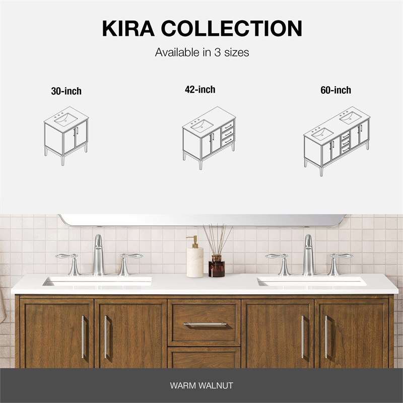 Kira 60 in. Warm Walnut Bathroom Vanity with White Engineered Stone Top